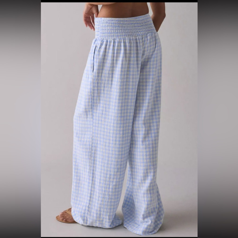 1151. Smocked waist wide leg plaid pant in blue - Picture 3 of 3